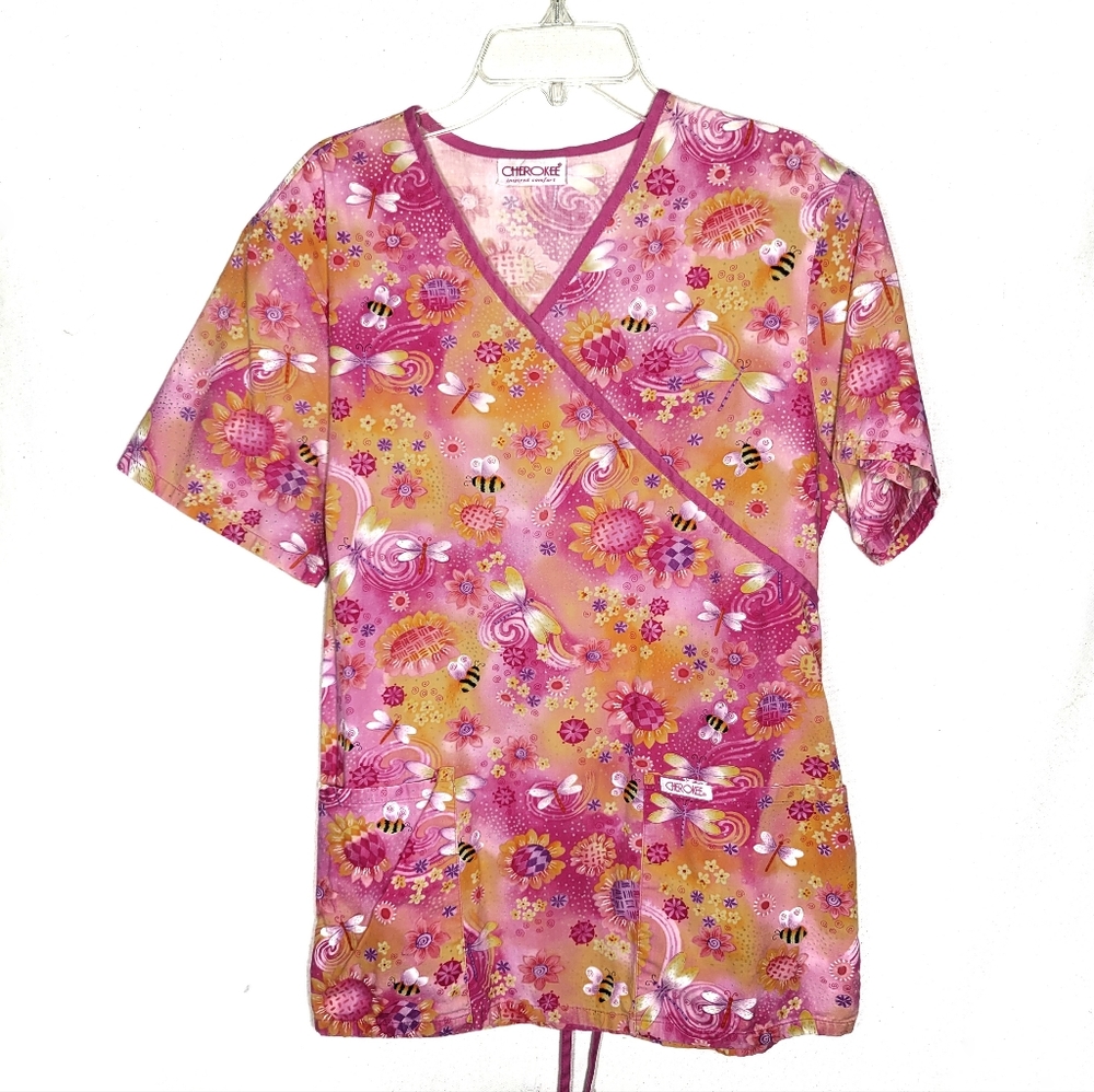BOGO FREE pink bee scrub top blouse shirt S small nurse scrubs vneck